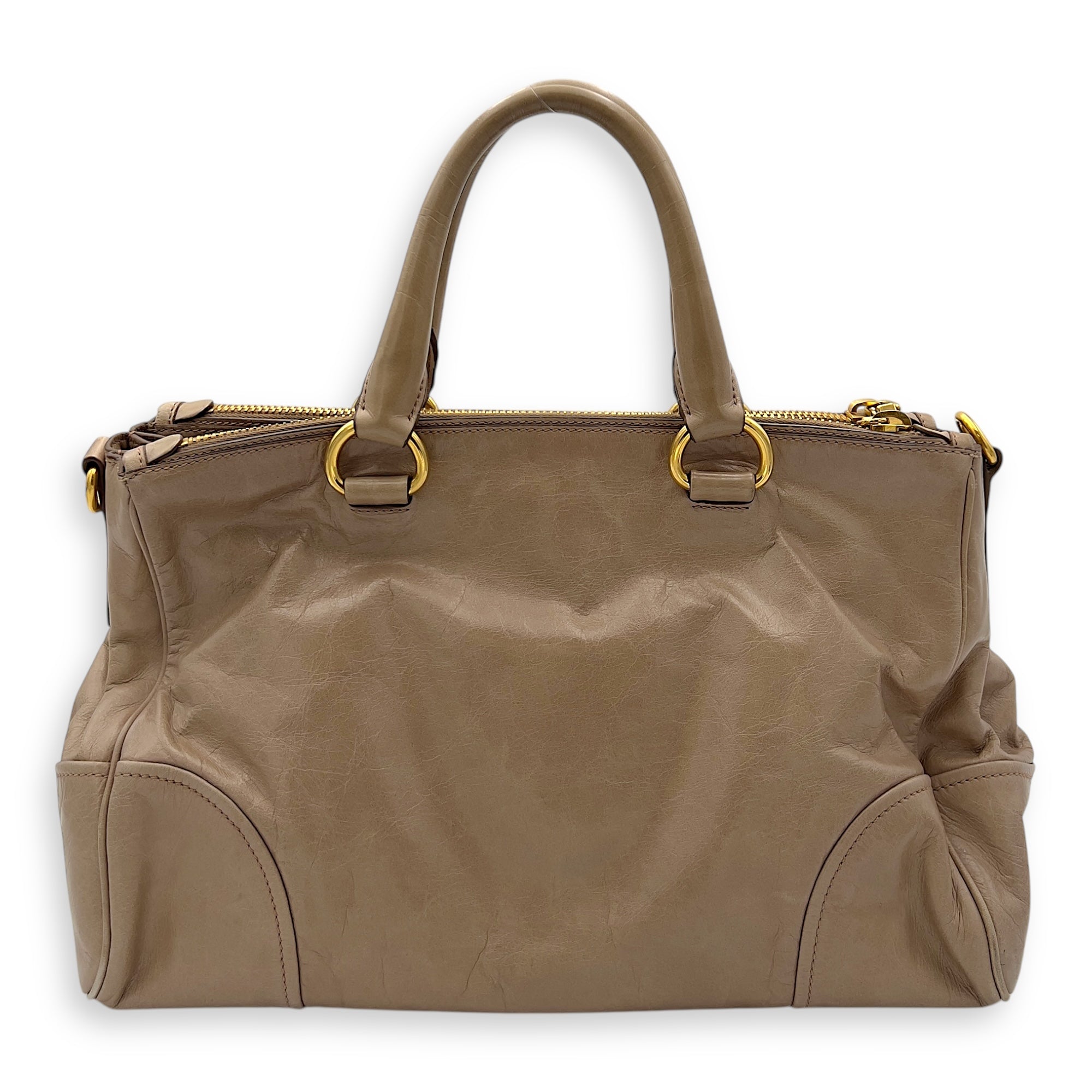 Logo Top Handle Bag Beige in Calfskin, Gold hardware - Image 3