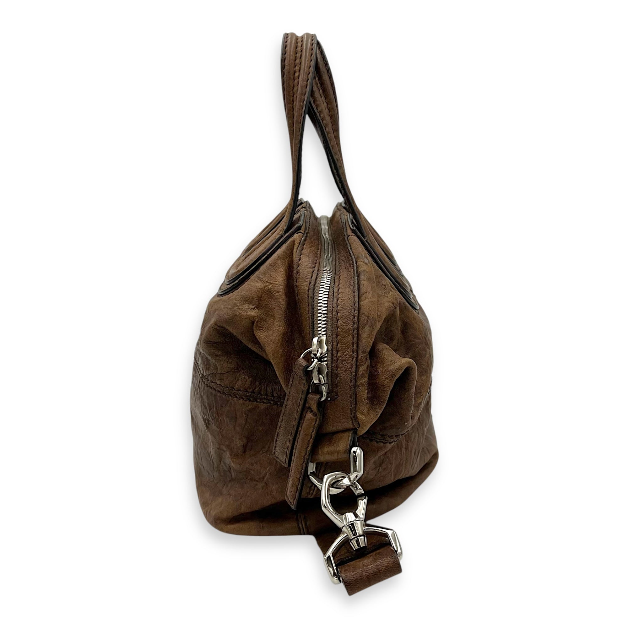 Nightingale Small Brown Top Handle Bag in Distressed Leather, Silver hardware - Image 4