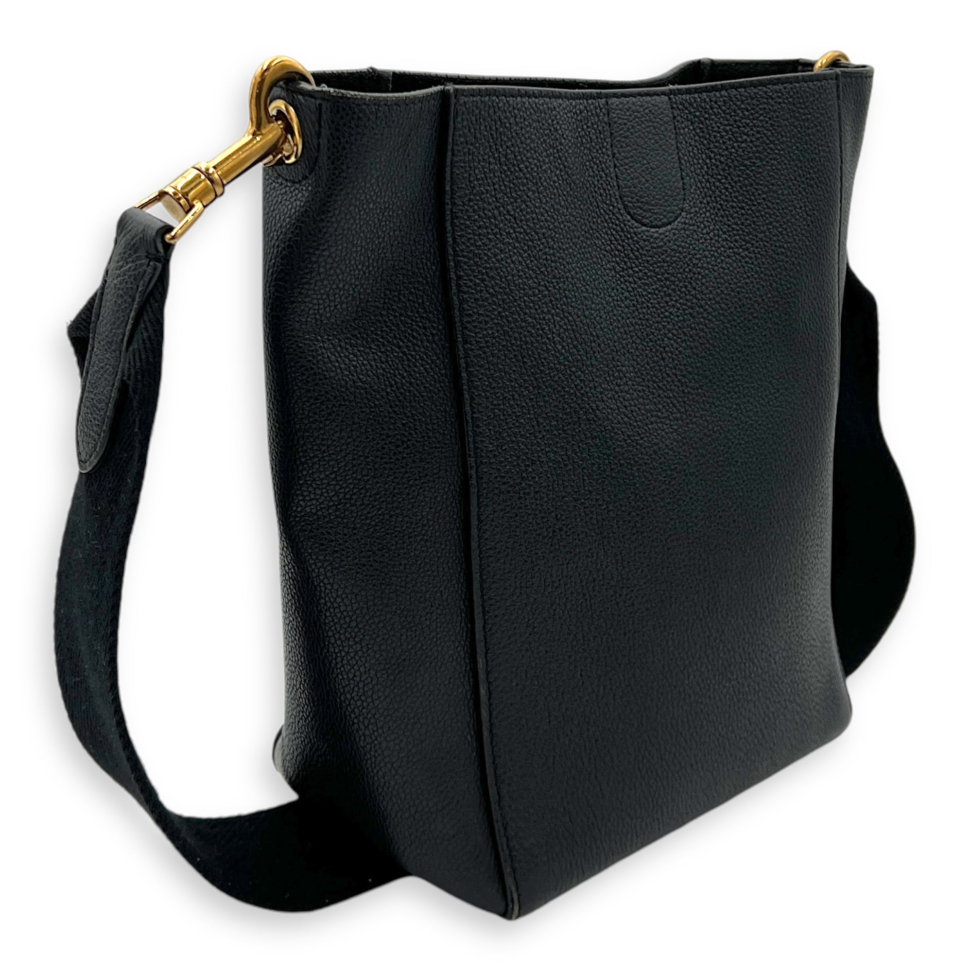 Sangle Small Black Bucket Bag in Calfskin, Gold hardware - Image 5