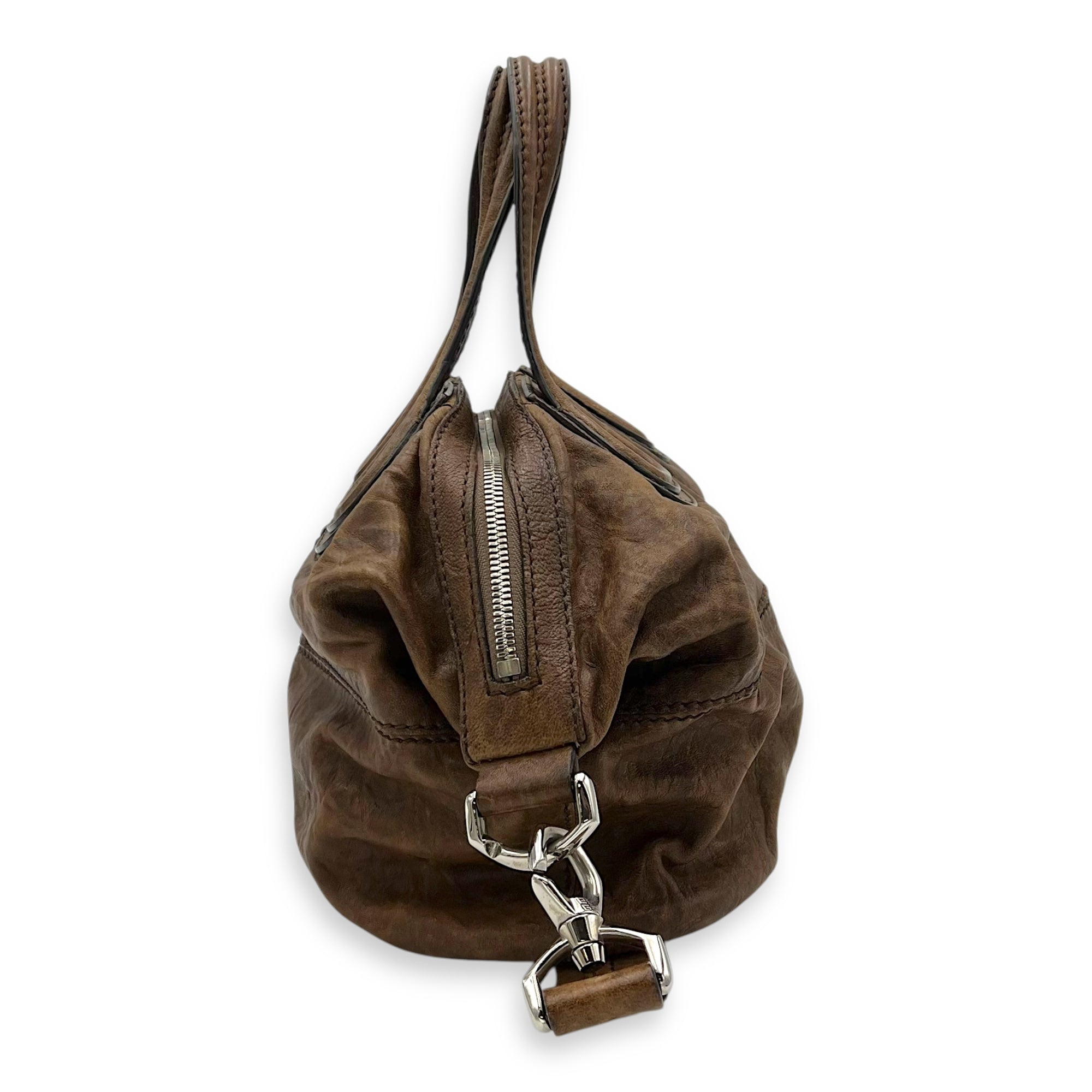 Nightingale Small Brown Top Handle Bag in Distressed Leather, Silver hardware - Image 5