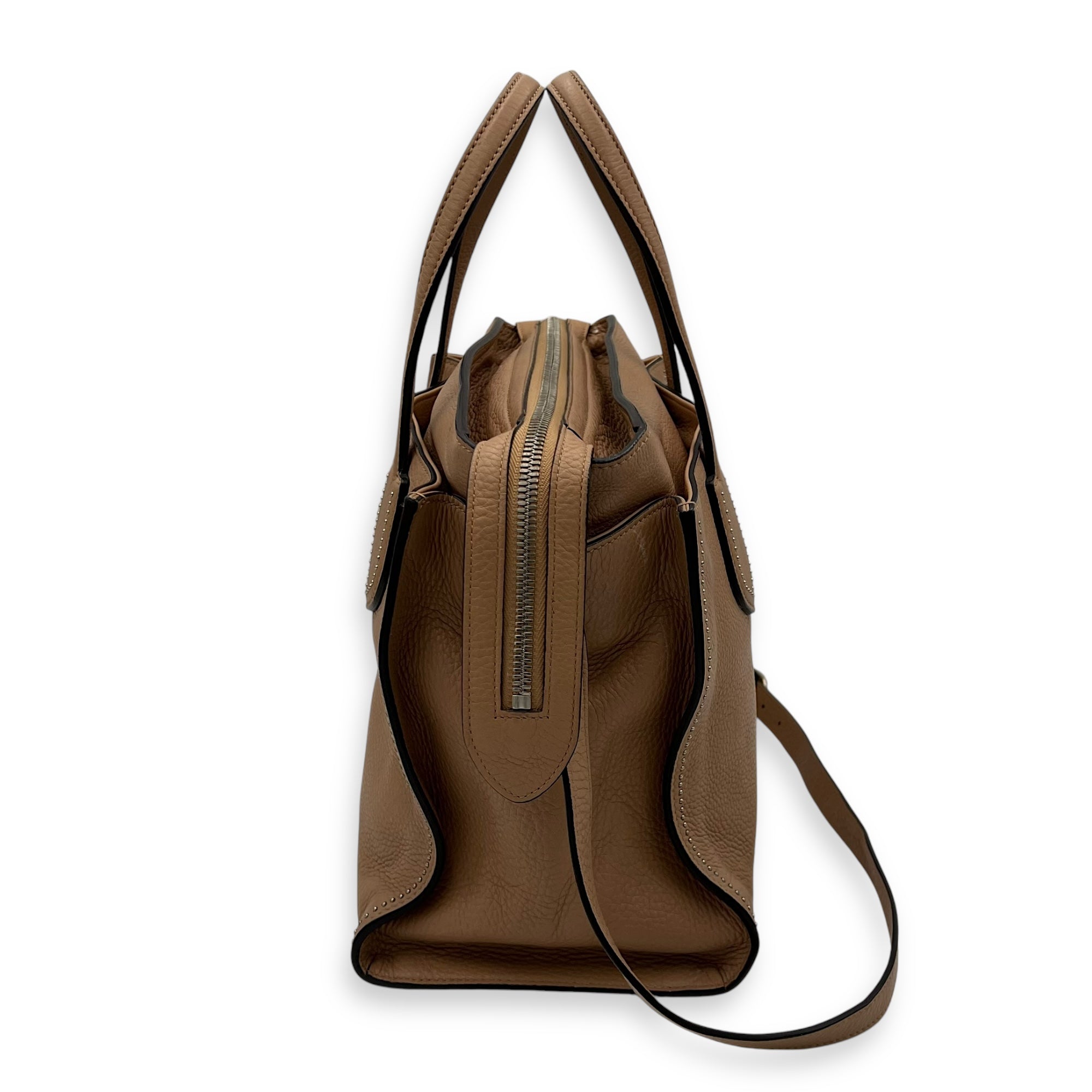 Studded 2 Way Brown Top Handle Bag in Calfskin, Gold hardware - Image 4