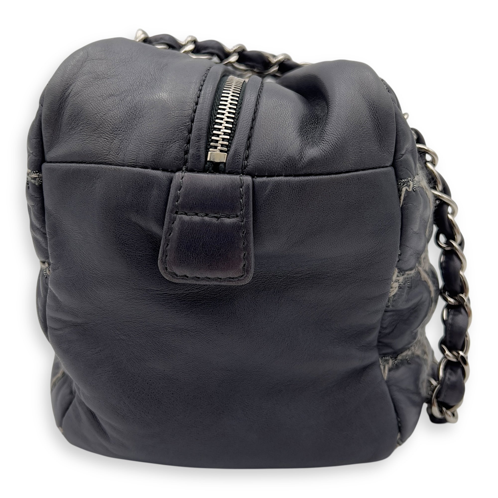 Double Stitch Bubble Grey Shoulder Bag in Tweed and Lambskin, Silver hardware - Image 5