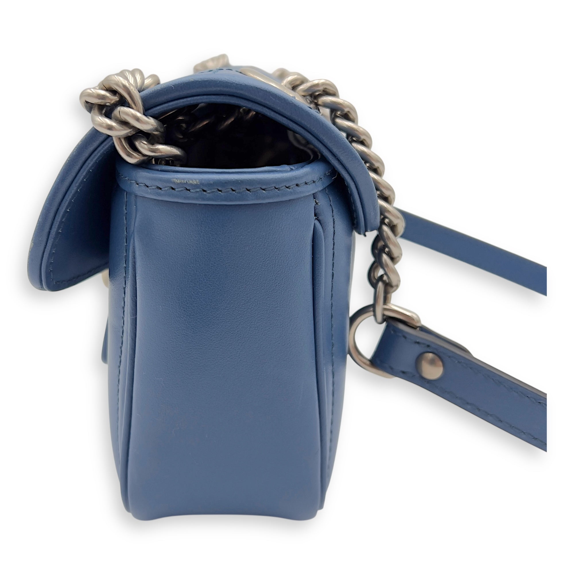 GG Marmont Shoulder Bag Blue in Calfskin, Ruthenium hardware - Image 3