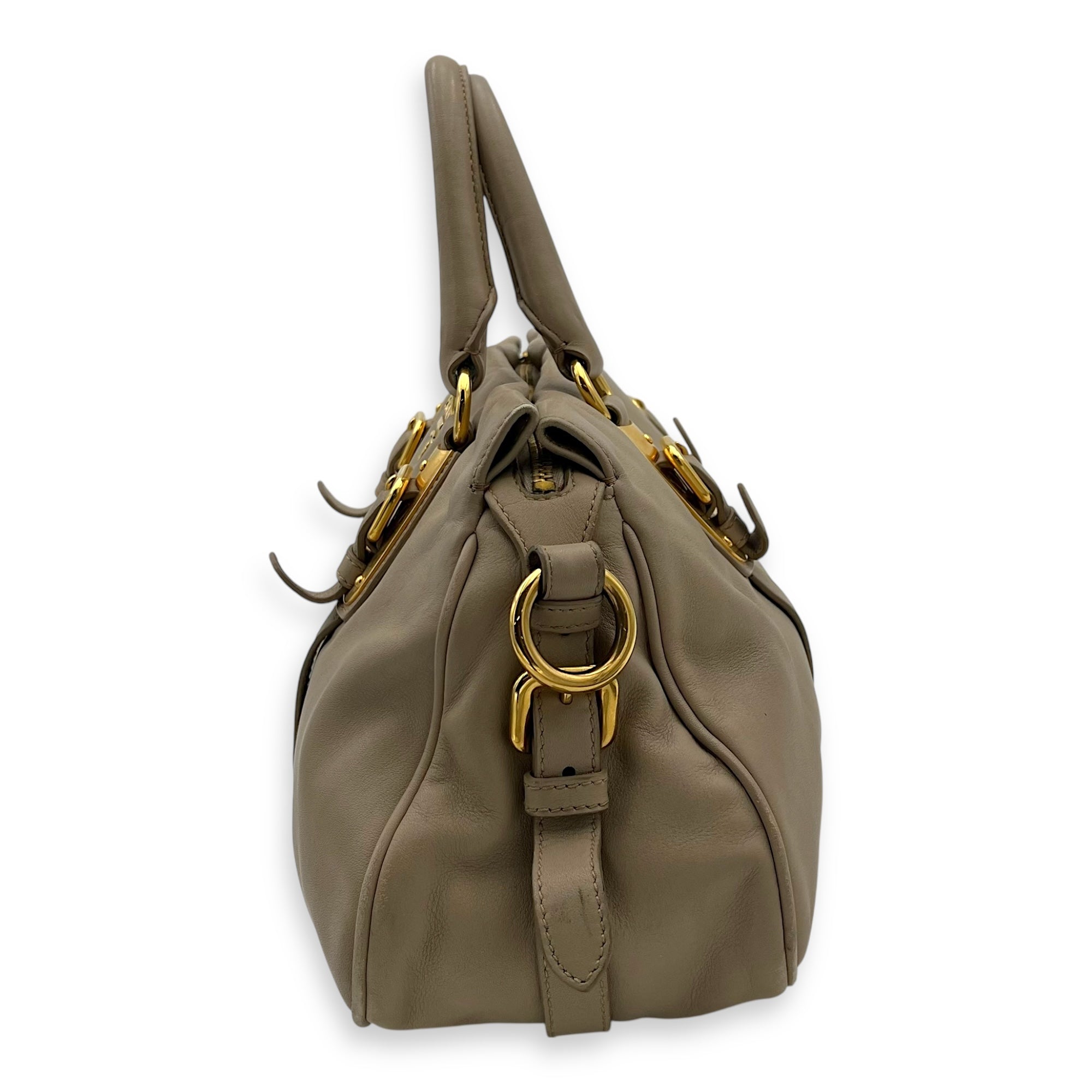 Logo Top Handle Bag Beige in Calfskin, Gold hardware - Image 5