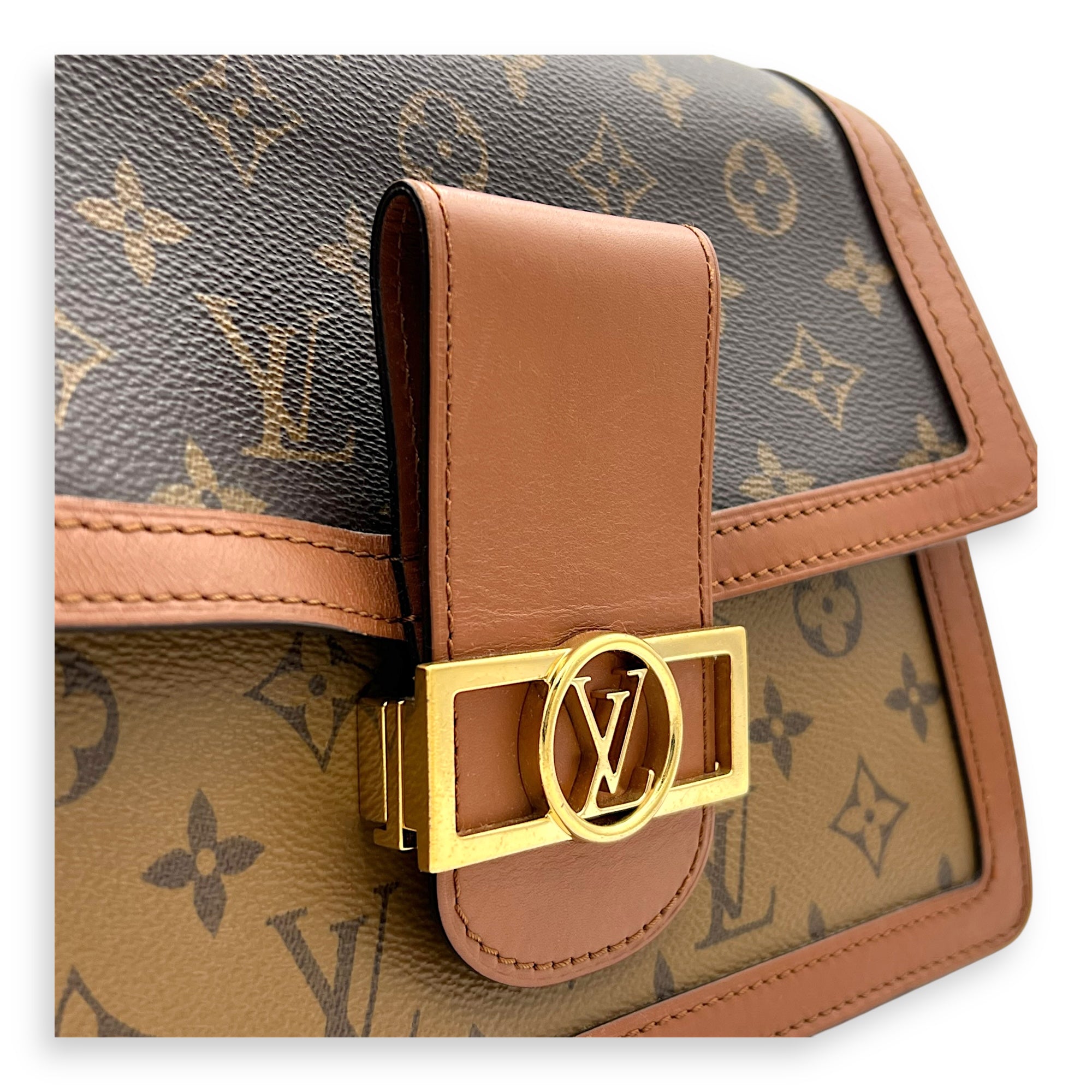 Dauphine MM Brown Shoulder Bag in Monogram Coated Canvas, Gold hardware - Image 8