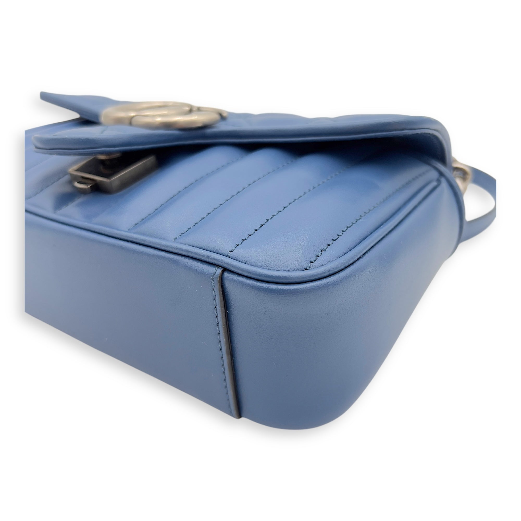 GG Marmont Shoulder Bag Blue in Calfskin, Ruthenium hardware - Image 11