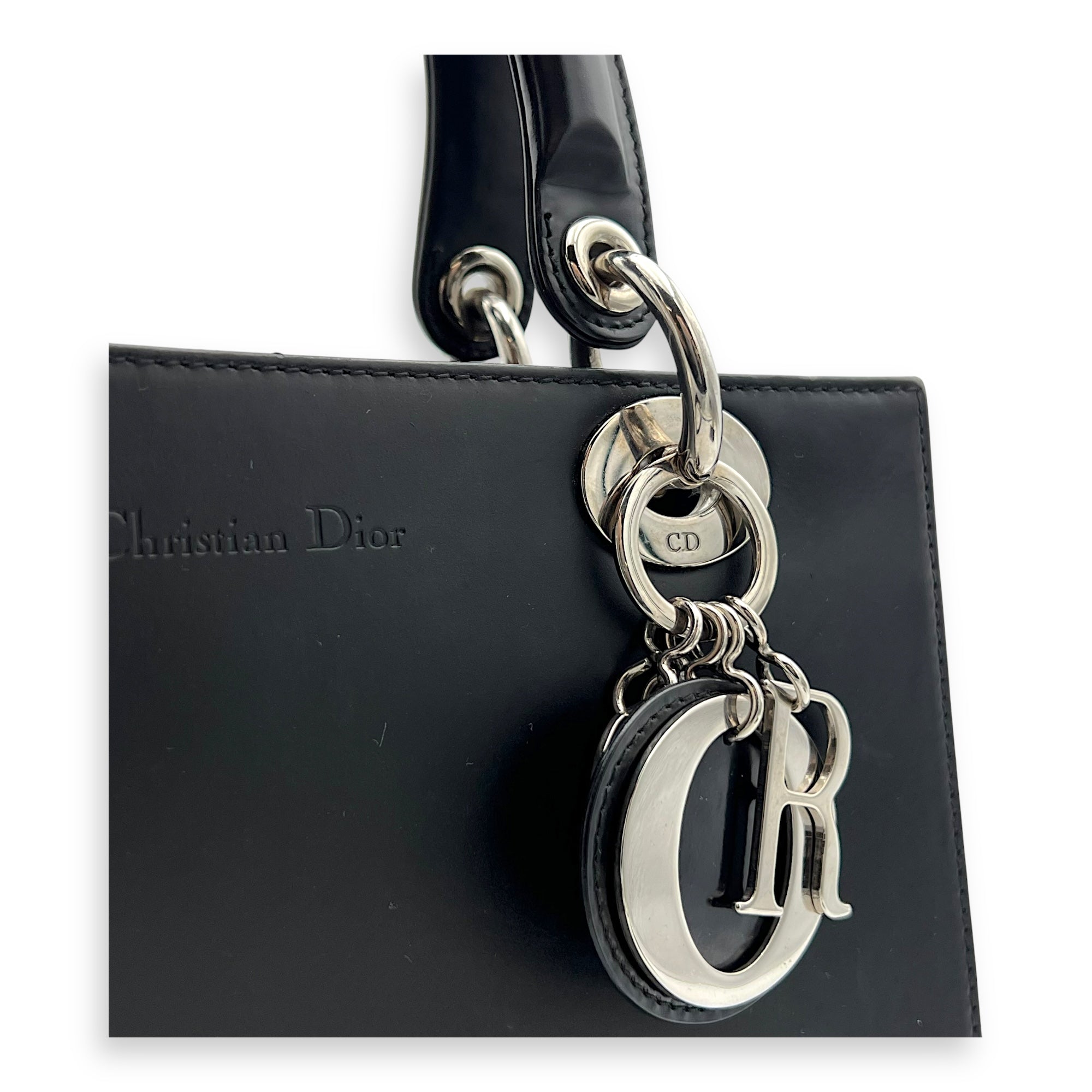 Lady Dior Medium Black Top Handle Bag in Calfskin, Silver hardware - Image 9