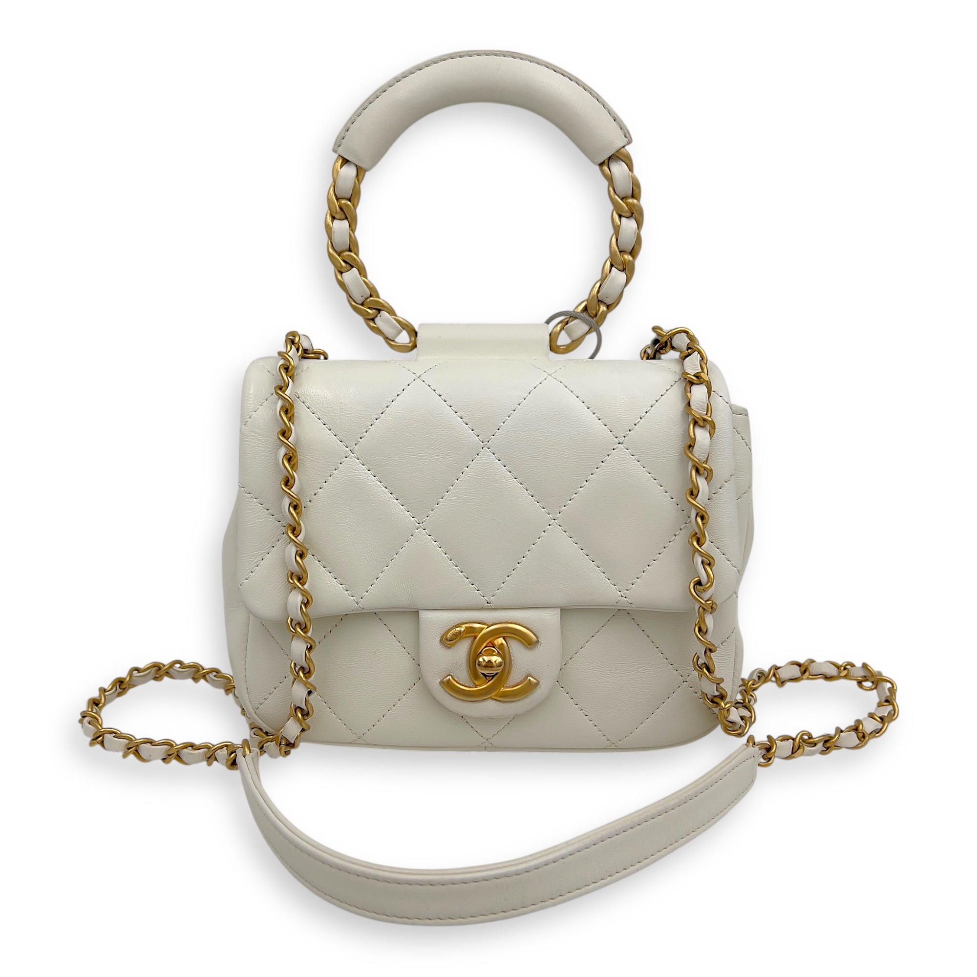20C In The Loop CC Flap White Top Handle Bag in Lambskin, Gold hardware - Image 17