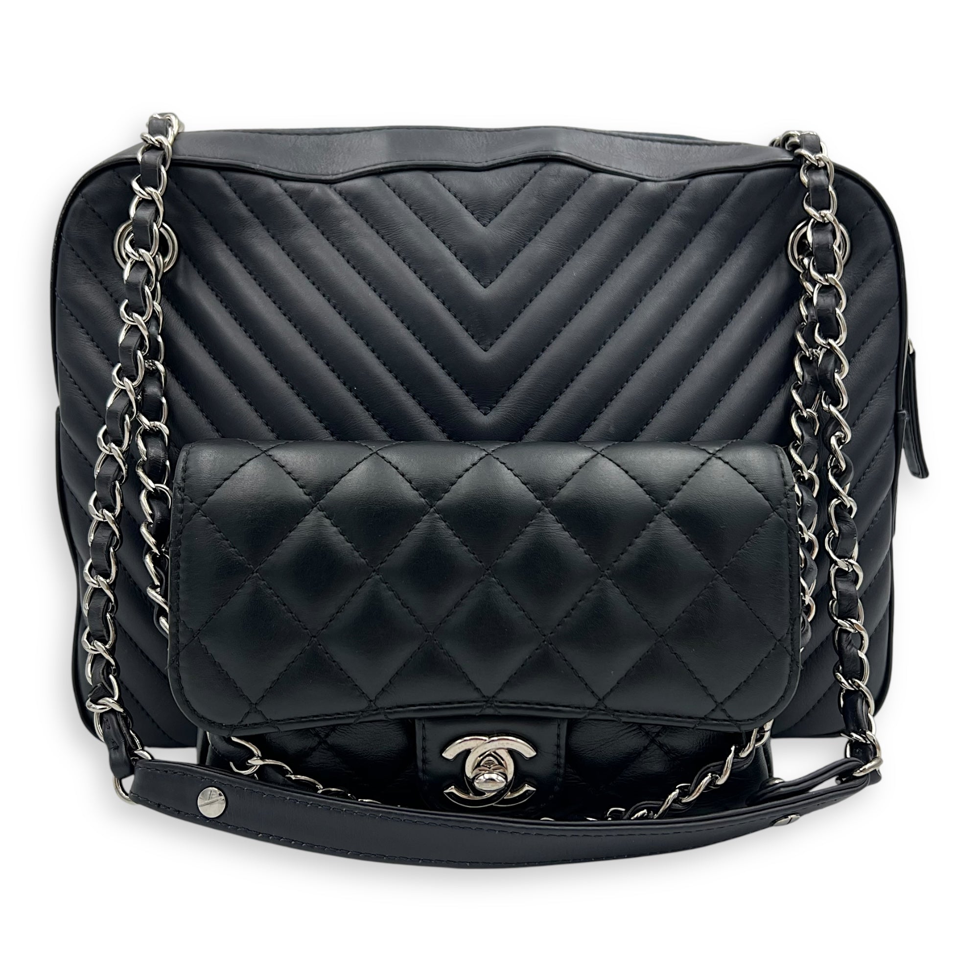 Paris Hamburg Double Camera Bag With Flap Navy & Black Shoulder Bag in Calfskin, Silver hardware - Image 8