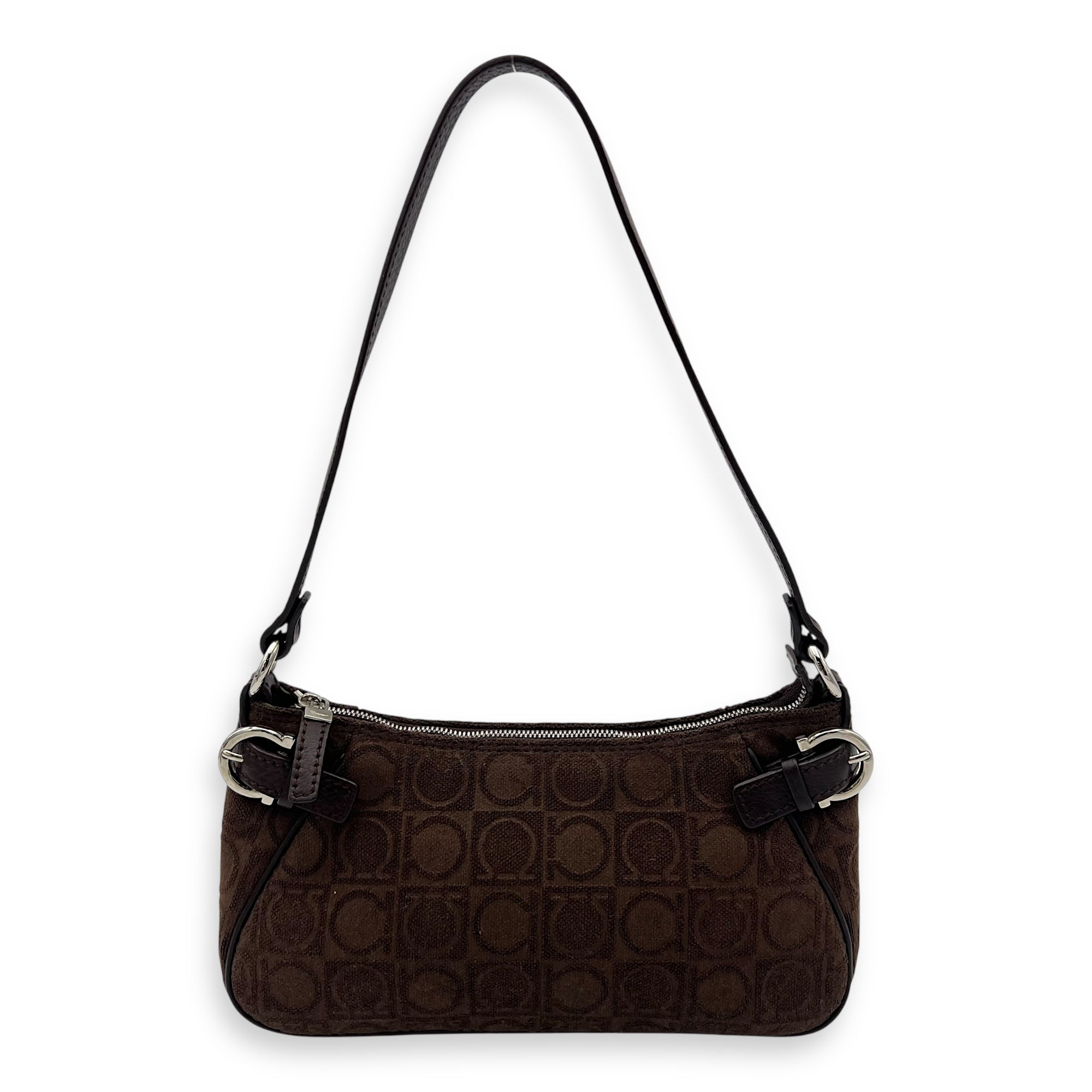 Gancini Brown Shoulder Bag in Fabric, Silver hardware