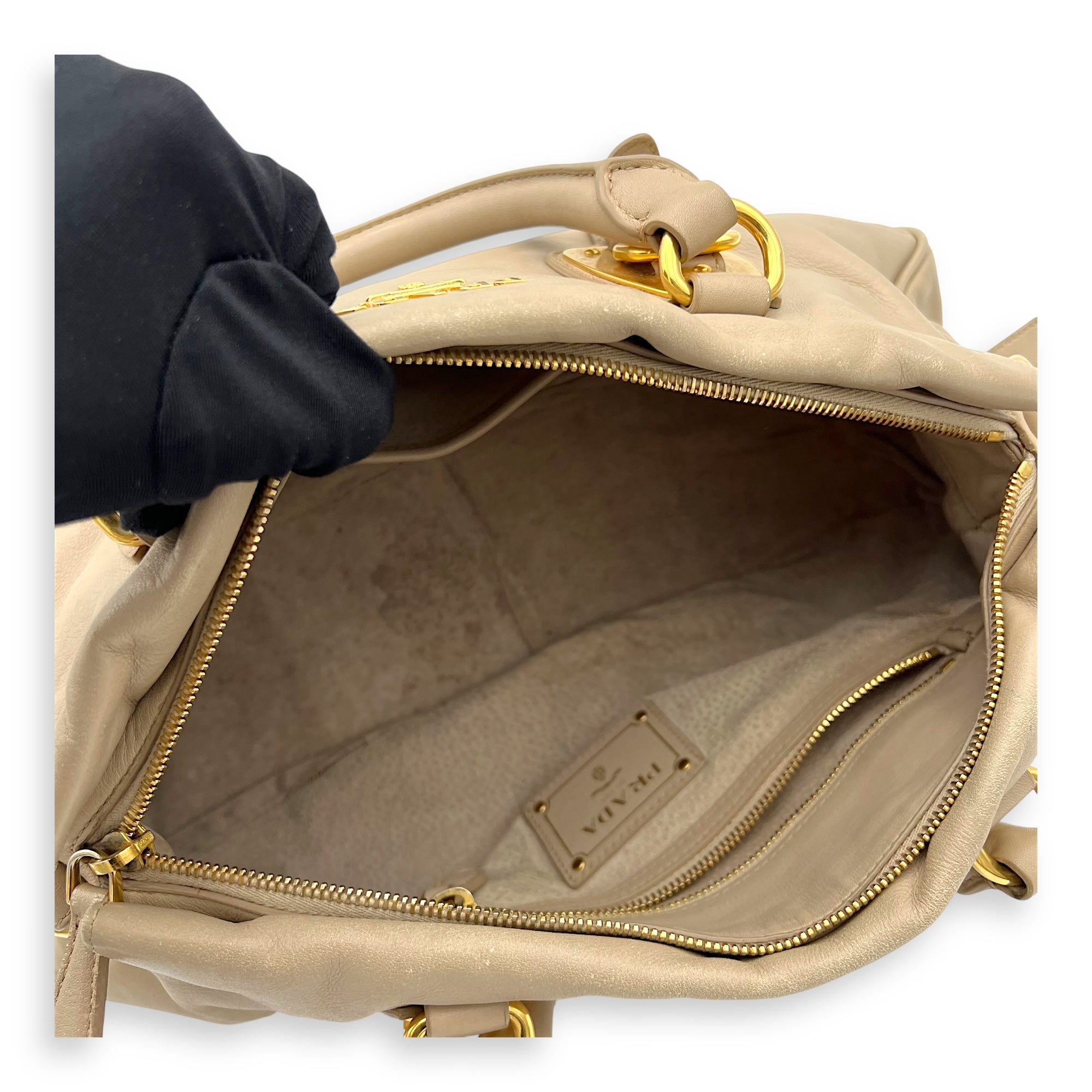 Logo Top Handle Bag Beige in Calfskin, Gold hardware - Image 11