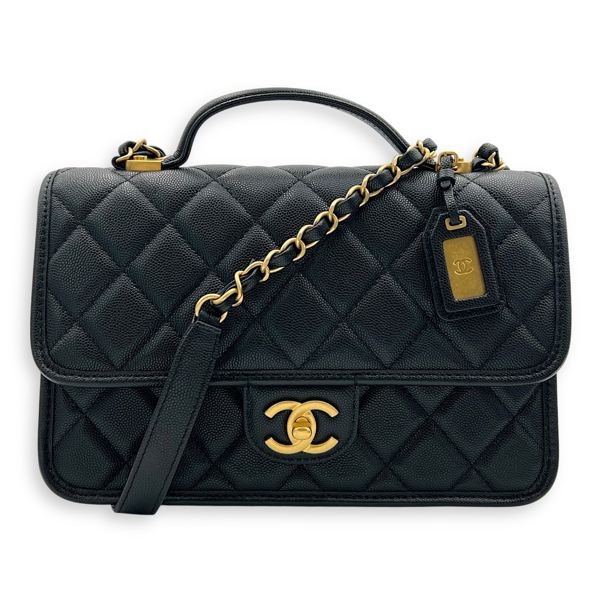 CC Quilted Top Handle Bag Black in Calfskin, Gold hardware - Image 12