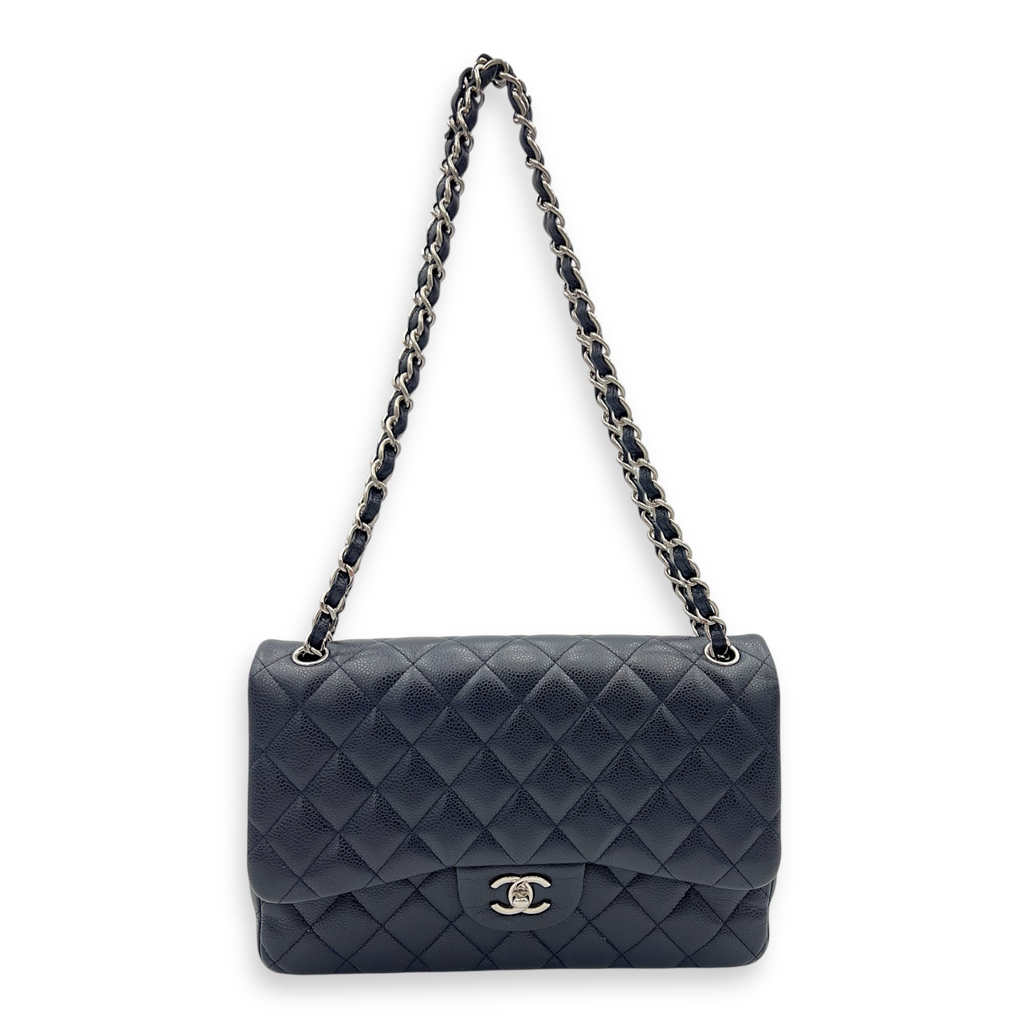 Classic Jumbo Blue Shoulder Bag in Caviar Leather, Silver hardware - Image 13