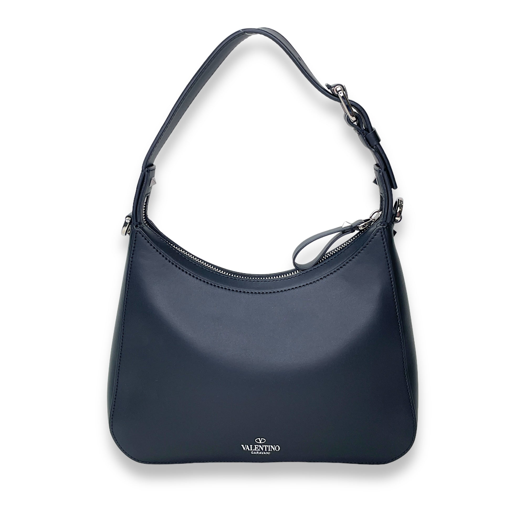VLTN Hobo Small Black Shoulder Bag in Calfskin, Silver hardware - Image 3