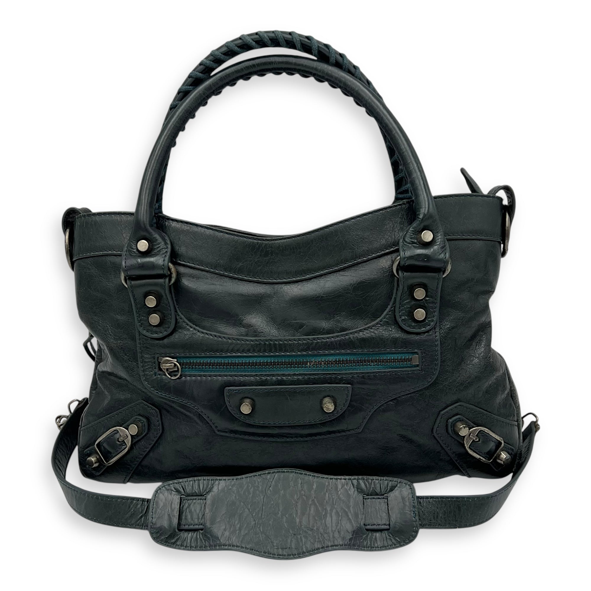 First Green Top Handle Bag in Calfskin, Silver hardware - Image 16
