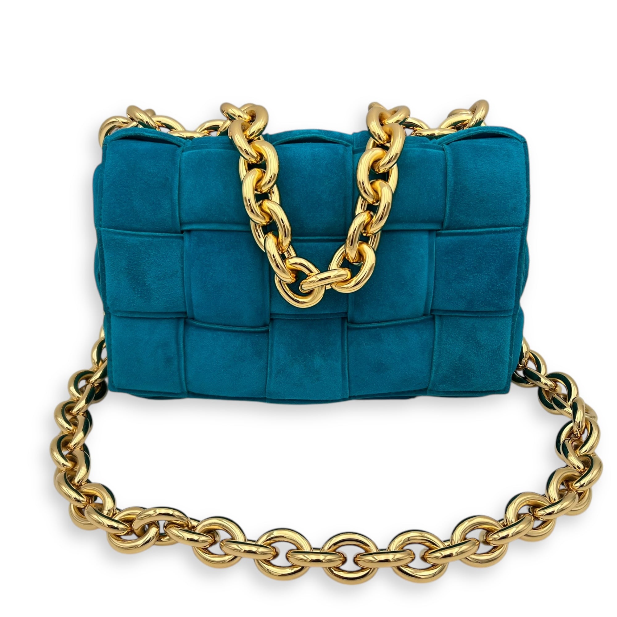 Cassette Crossbody Bag Blue in Suede Leather, Gold hardware - Image 16