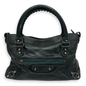 First Green Top Handle Bag in Calfskin, Silver hardware