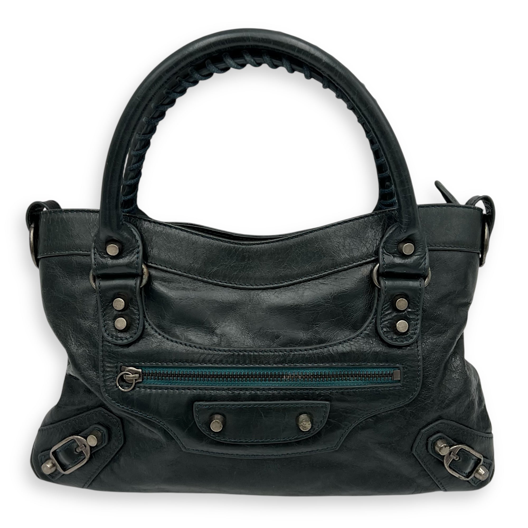 First Green Top Handle Bag in Calfskin, Silver hardware