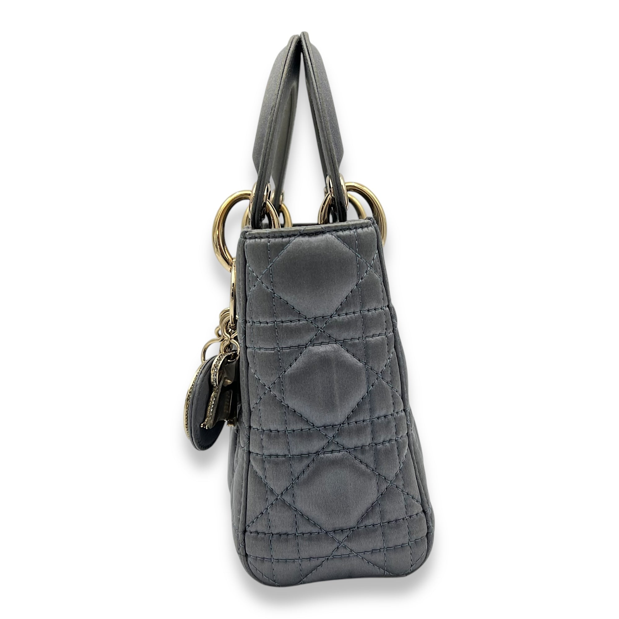 Lady Dior Top Handle Bag Mini Grey in Satin, Gold hardware - Image 5