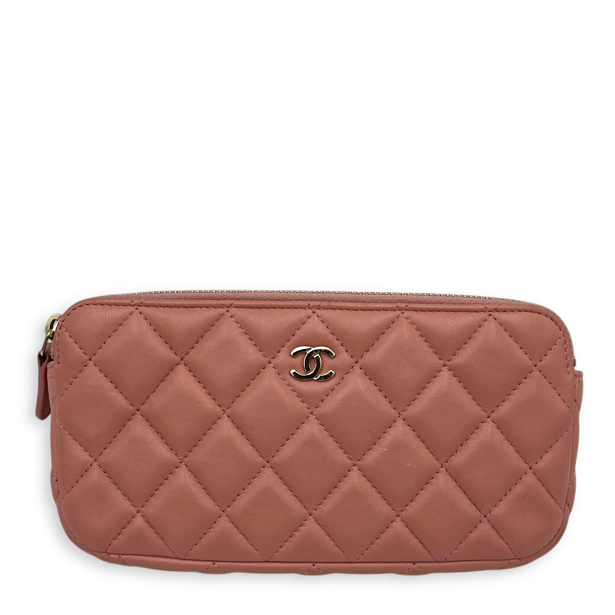 Double Zipped Pink Clutch with Chain in Lambskin, Gold hardware