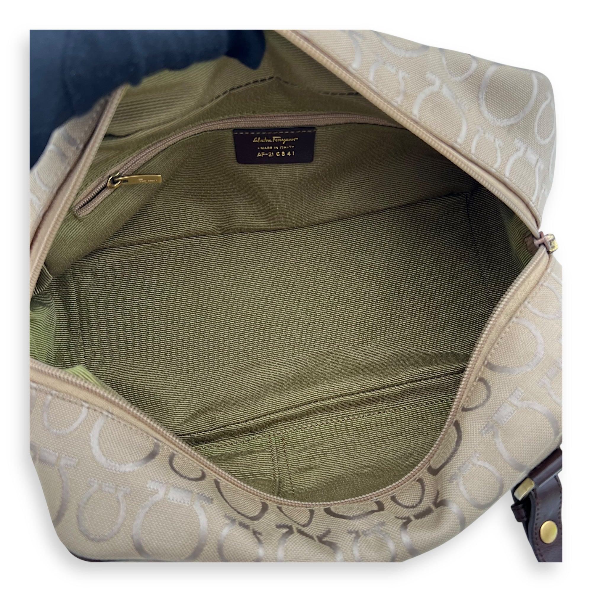 Gancini Beige Shoulder Bag in Canvas, Gold hardware - Image 7