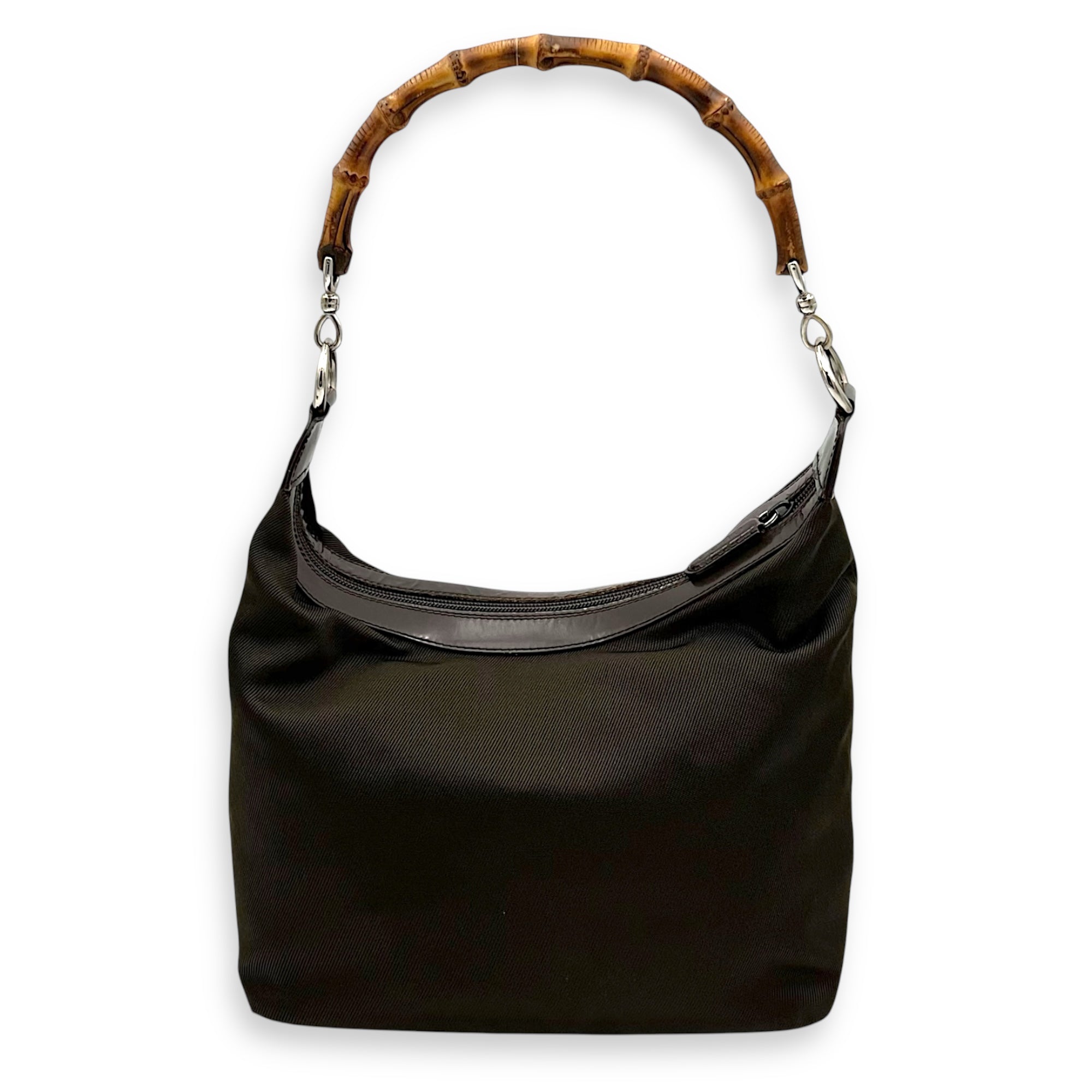 Bamboo Shoulder Bag Brown in Canvas, Silver hardware - Image 3
