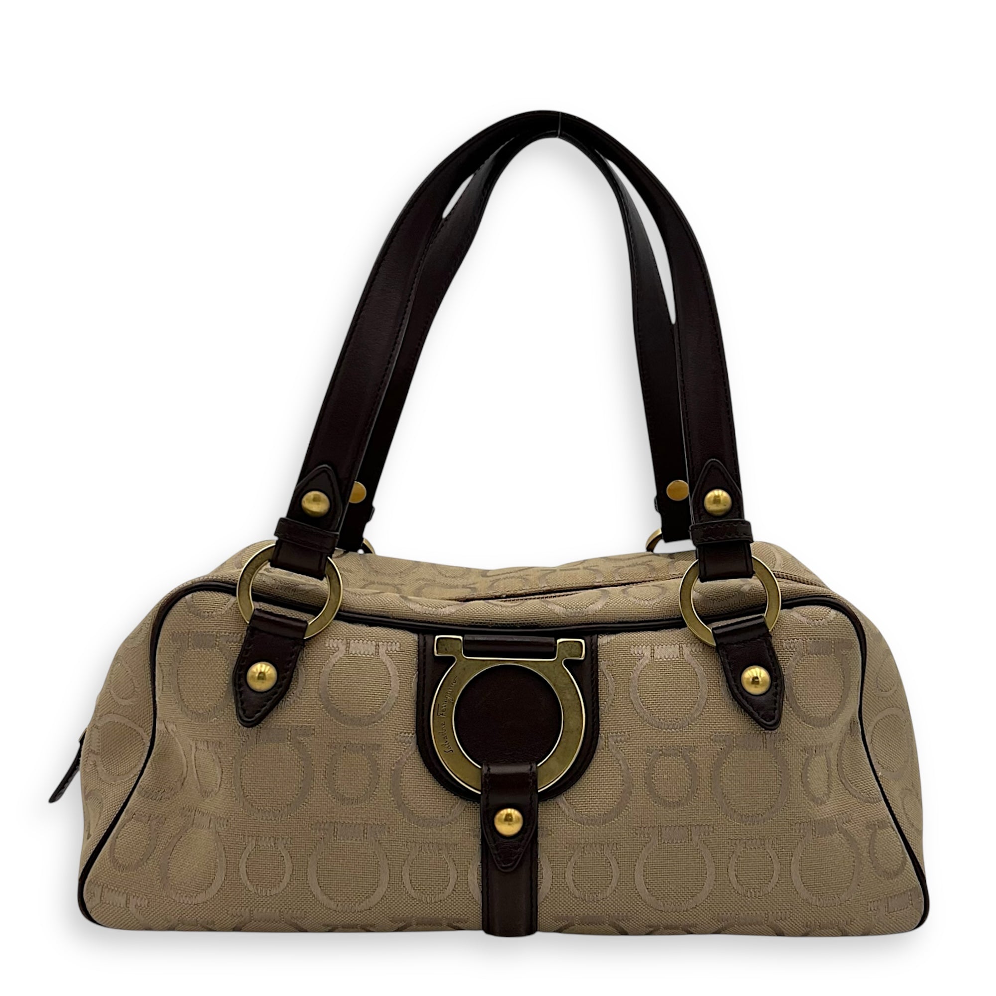 Gancini Beige Shoulder Bag in Canvas, Gold hardware