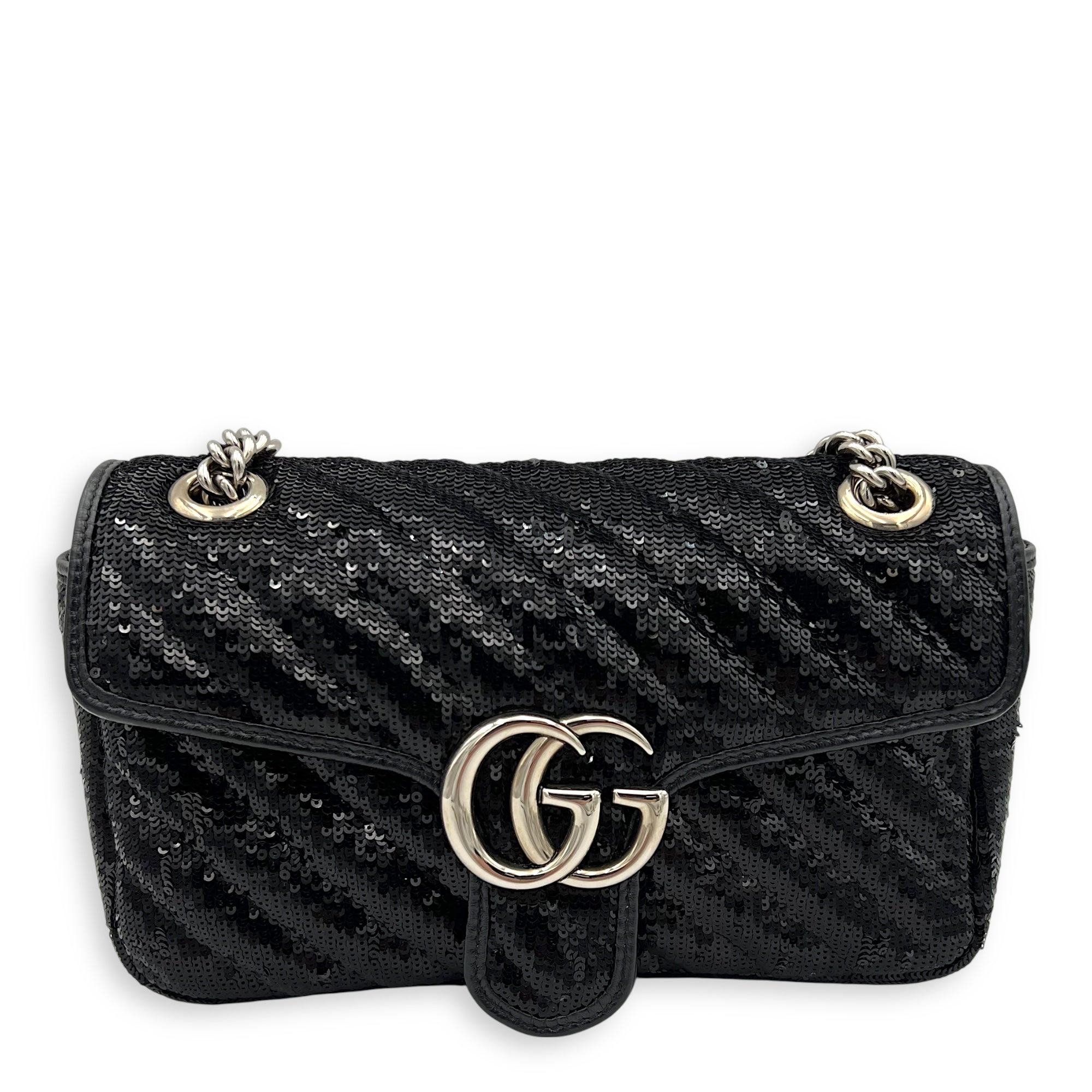 GG Marmont Shoulder Bag Black in Sequins, Silver hardware