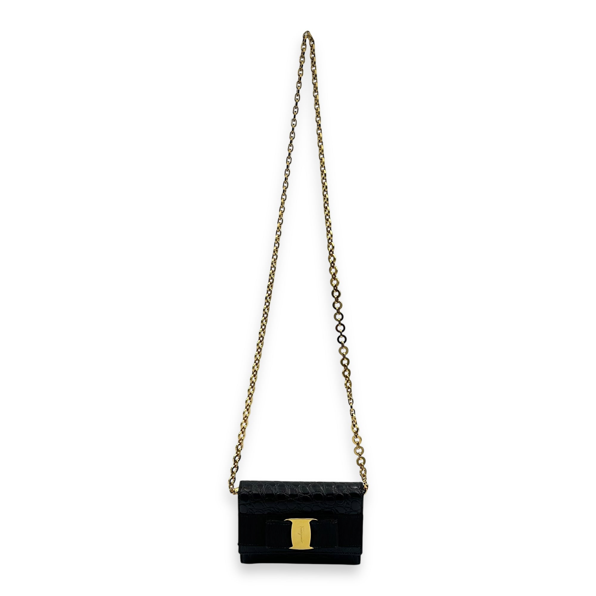 Vara Bow Shoulder Bag Black in Crocodile Leather, Gold hardware - Image 13