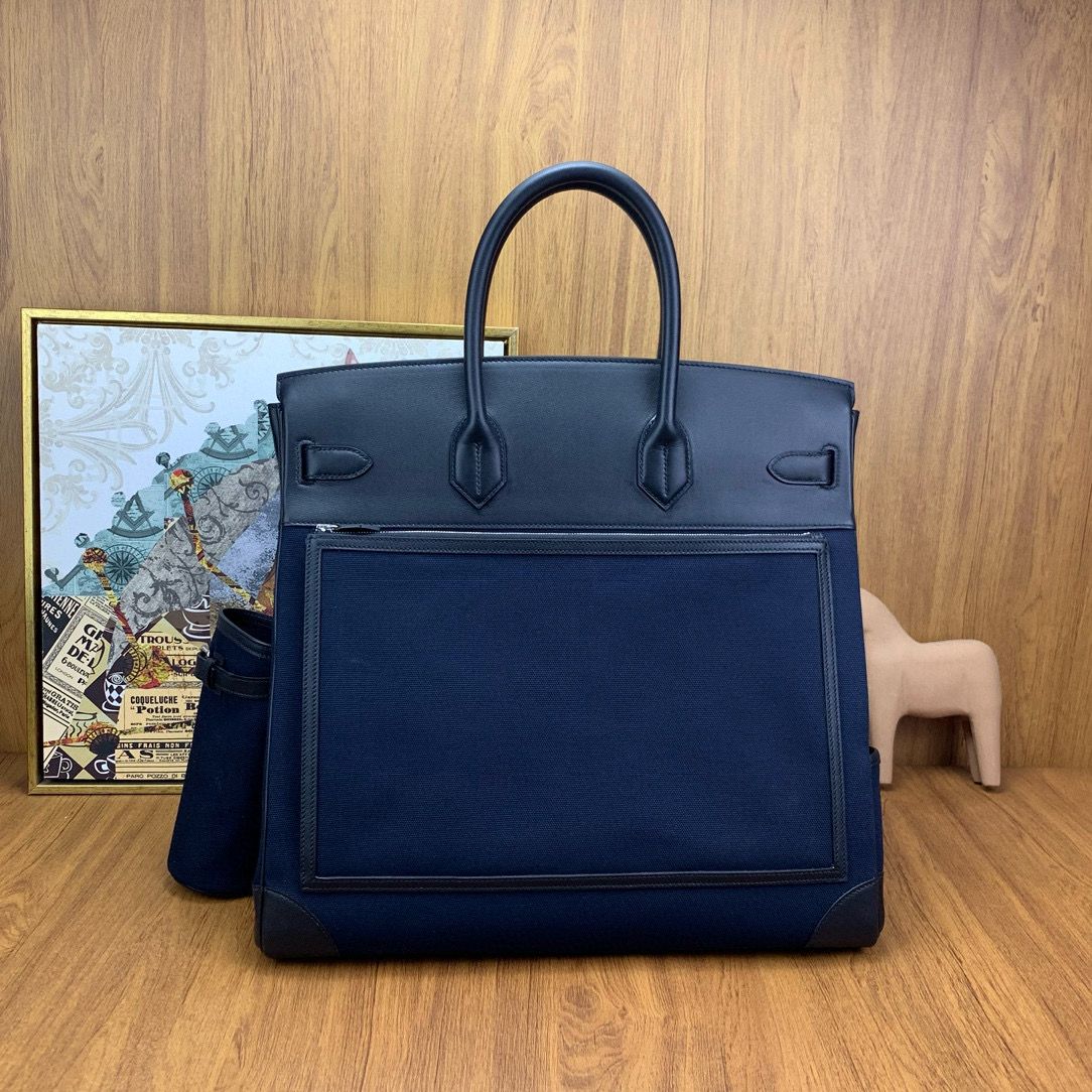 Hermes HAC Cargo Birkin 40 Handmade Bag in Blue Nuit Toile - Image 3