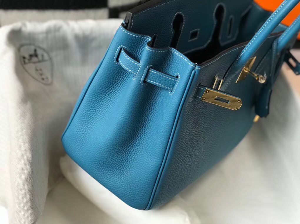 Hermes Birkin 30cm Bag In Jean Blue Clemence Leather GHW - Image 4