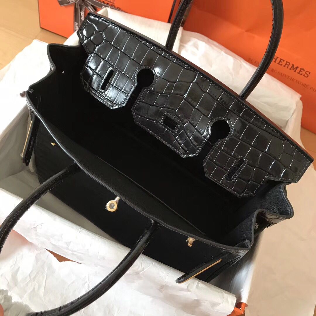 Hermes Birkin 30 Bag In Black Crocodile Porosus Shiny Skin - Image 8