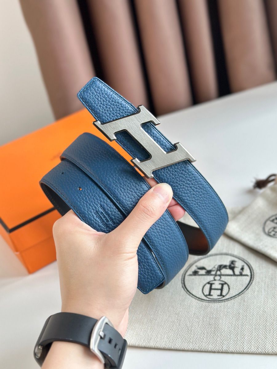 Hermes H Speed Reversible Belt 32MM in Blue Jean Clemence Leather - Image 5