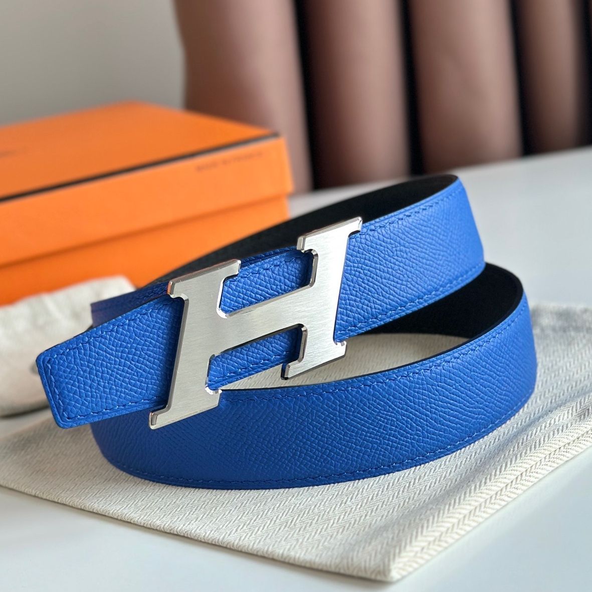 Hermes H Speed Reversible Belt 32MM in Blue and Green Epsom Calfskin