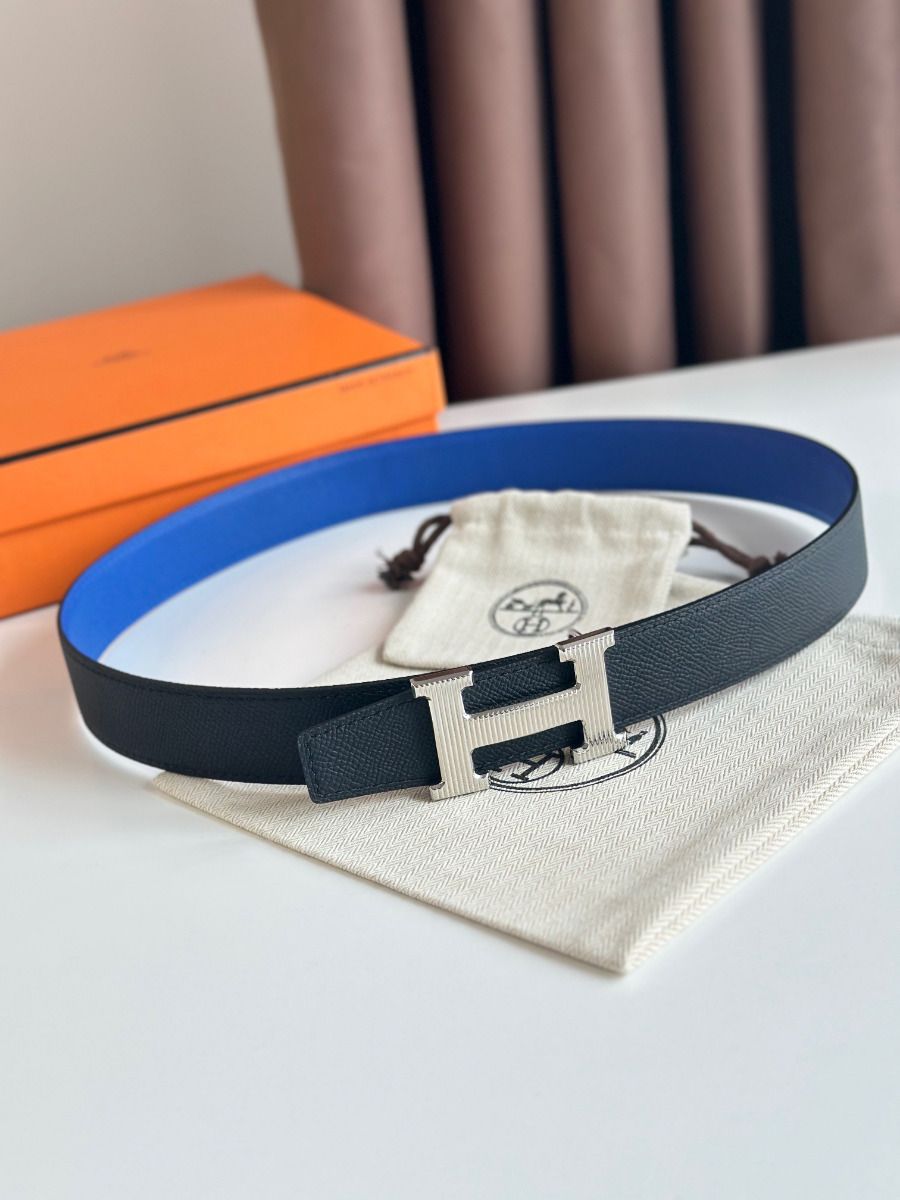 Hermes H Striee Reversible Belt 32MM in Blue and Black Epsom Calfskin - Image 3