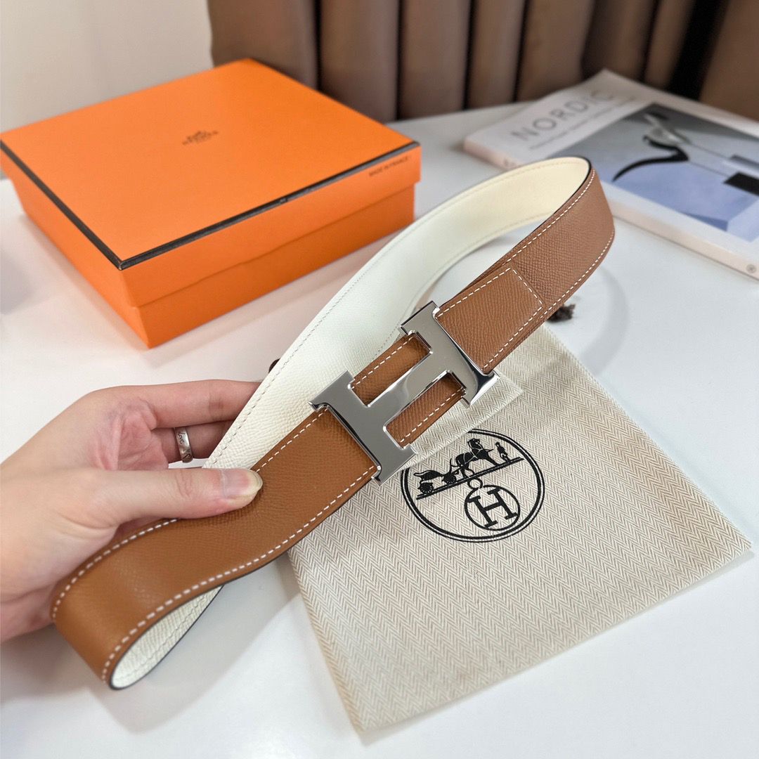 Hermes H Reversible Belt 38MM in White and Gold Epsom Leather - Image 4