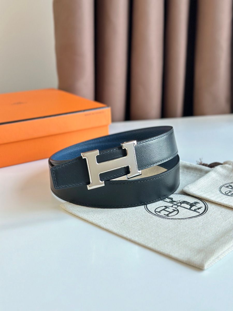 Hermes H Reversible Belt 32MM in Blue Clemence Leather - Image 3