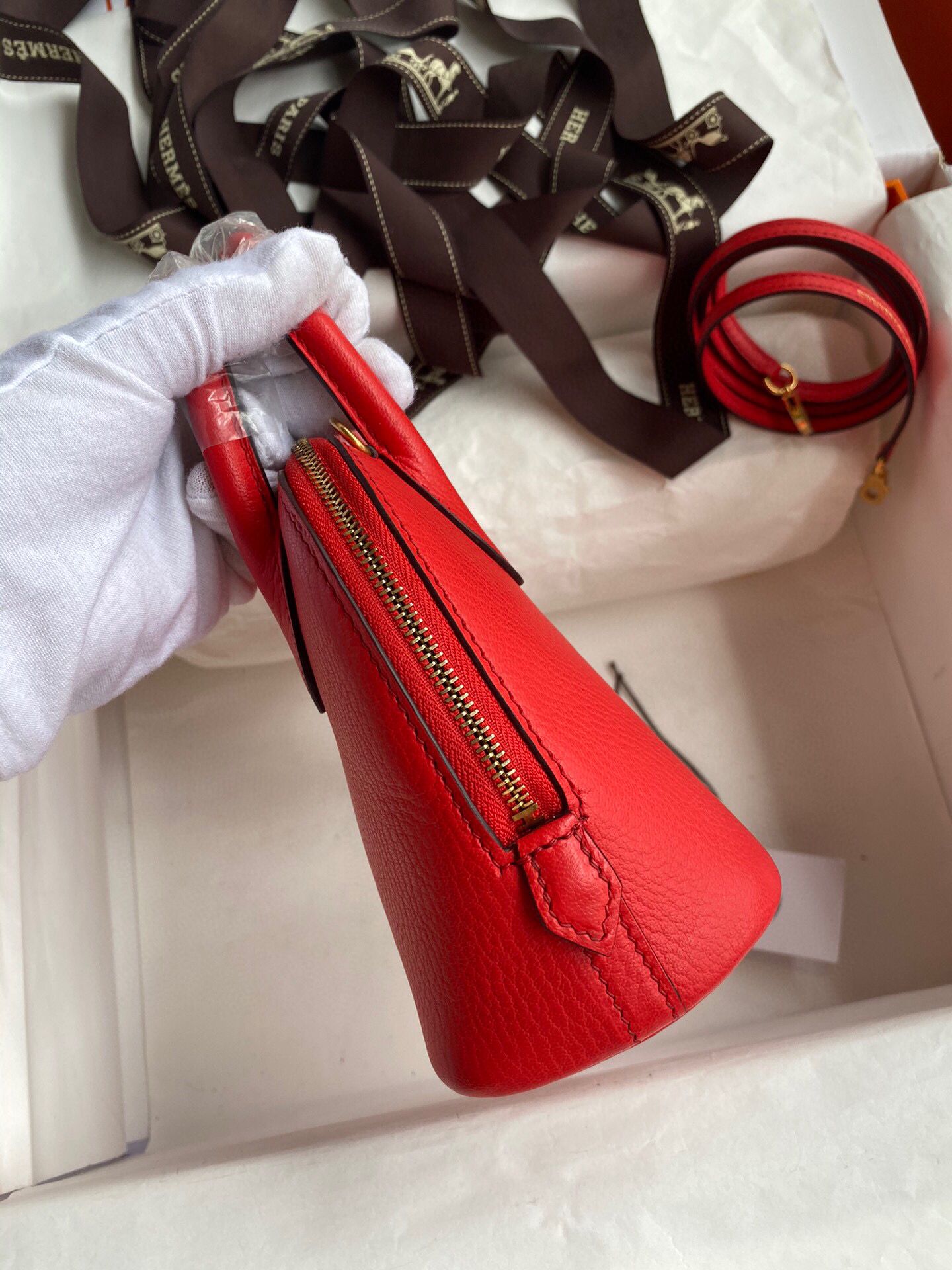 Hermes Bolide 1923 Mini Handmade Bag In Red Chevre Mysore Leather - Image 5