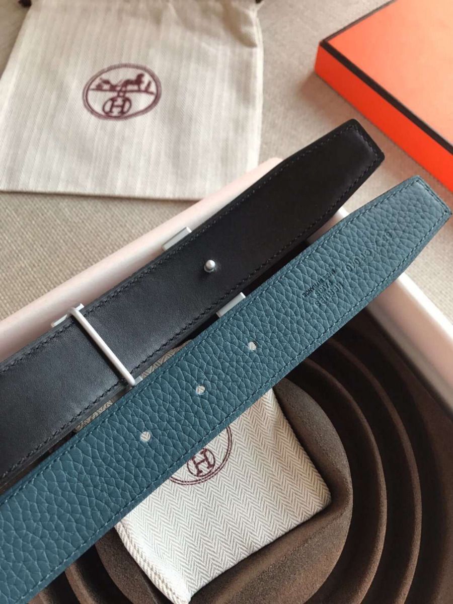 Hermes Quizz 32mm Reversible Belt In Blue Clemence Leather - Image 4
