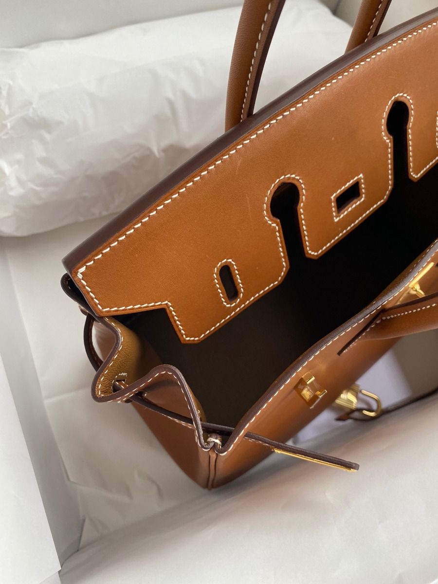 Hermes Birkin 25 Retourne Handmade Bag In Gold Barenia Calfskin - Image 9