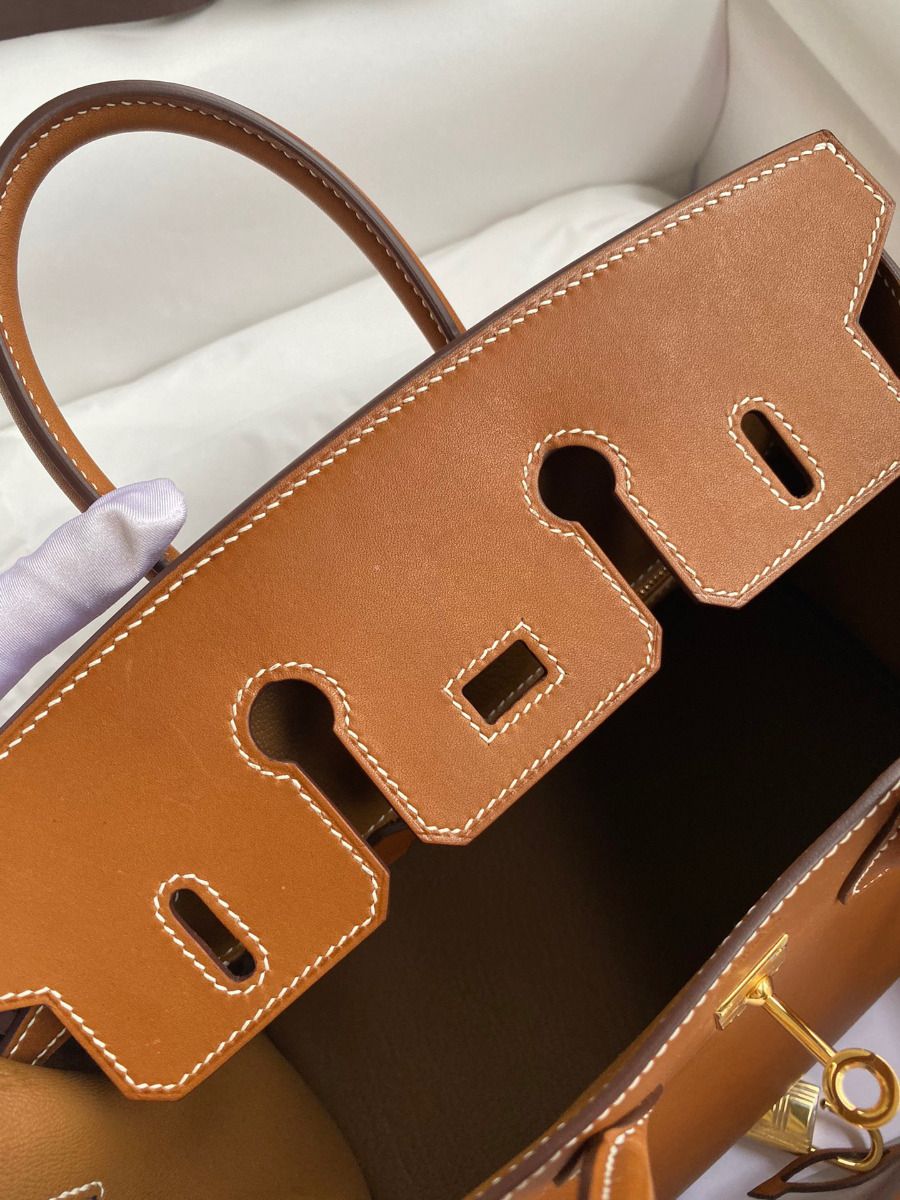 Hermes Birkin 25 Retourne Handmade Bag In Gold Barenia Calfskin - Image 10