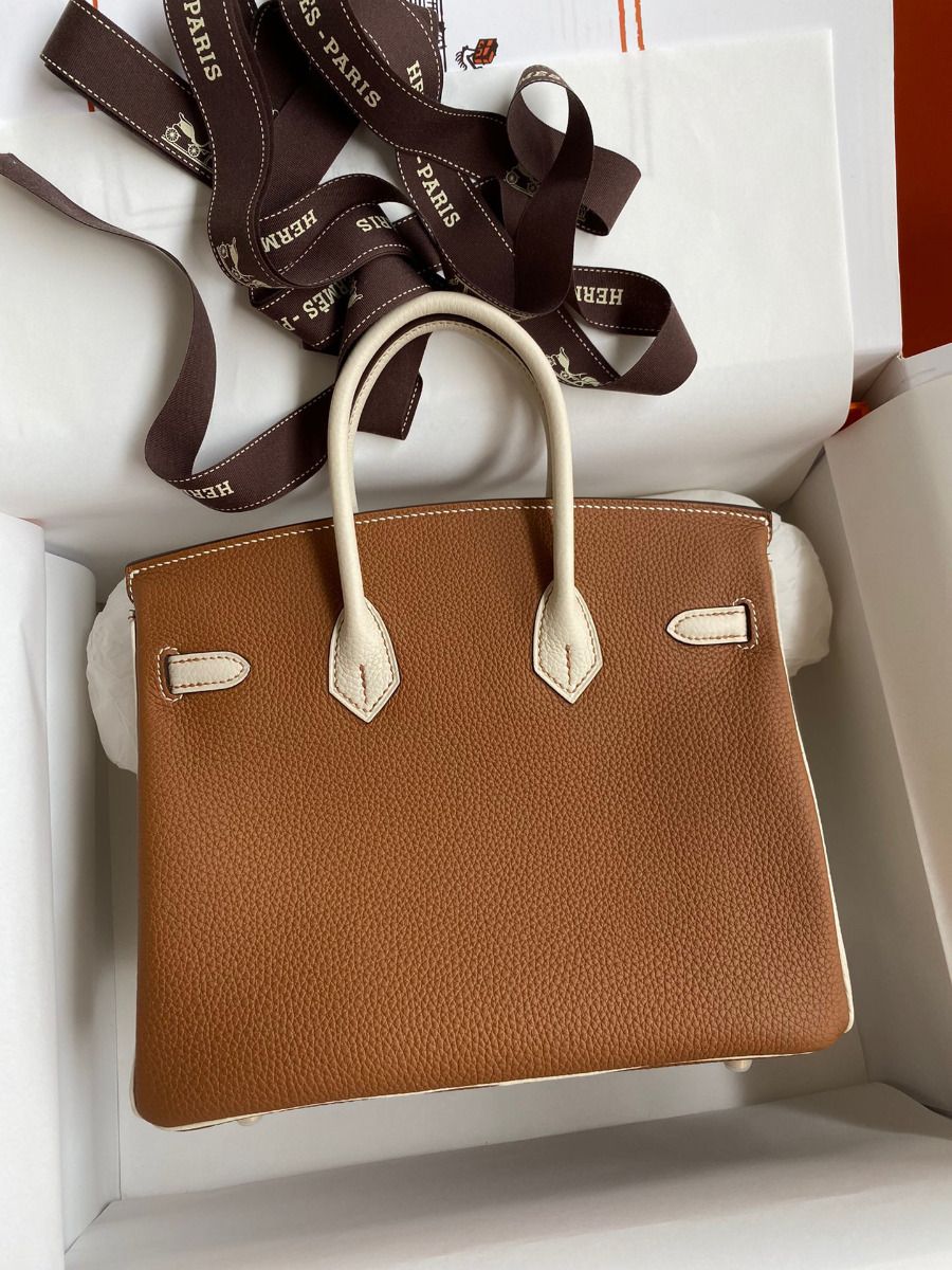 Hermes HSS Birkin 25 Bicolor Bag in Gold and Craie Clemence Leather - Image 3