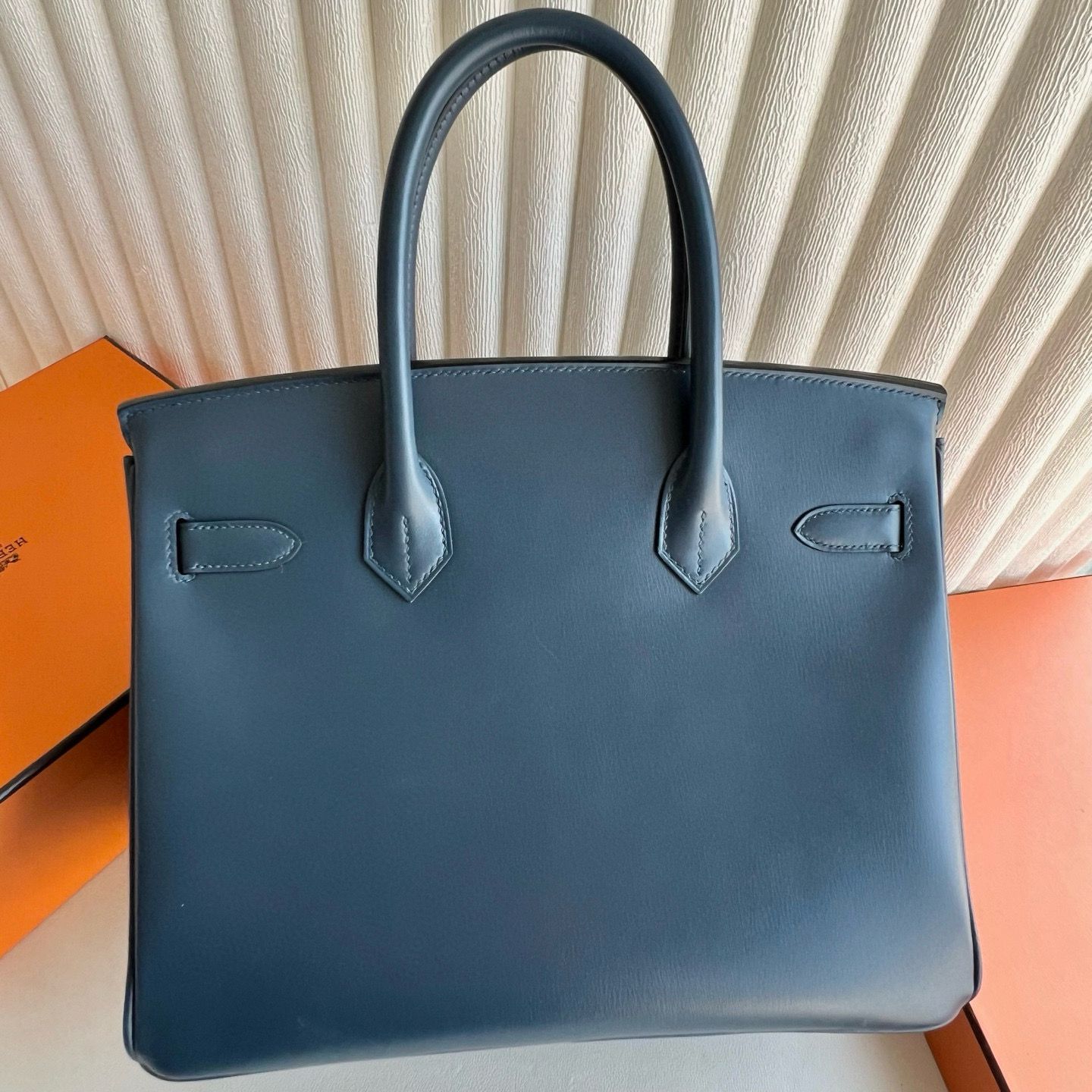 Hermes Birkin 25 Retourne Handmade Bag in Blue Prusse Box Calfskin - Image 5