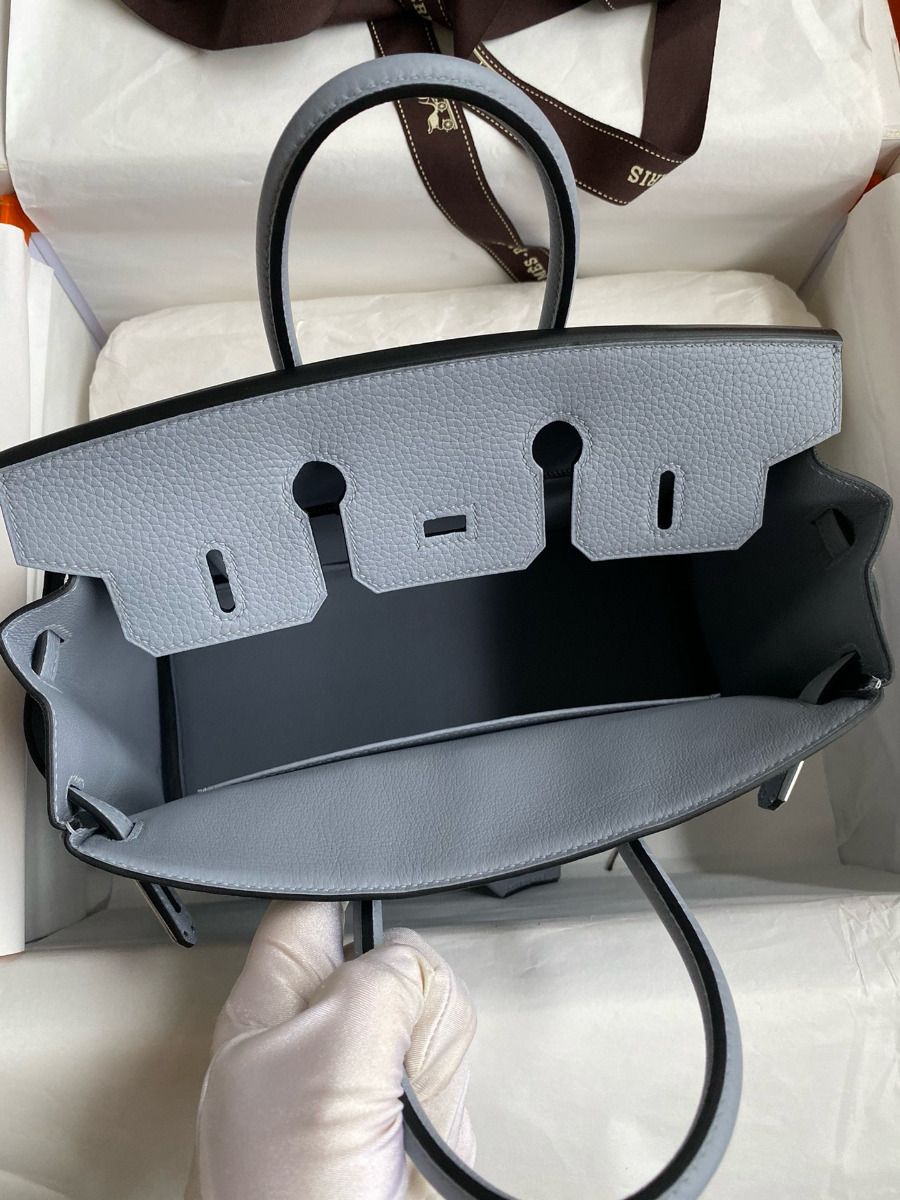 Hermes Birkin 25 Retourne Handmade Bag In Blue Lin Clemence Leather - Image 8