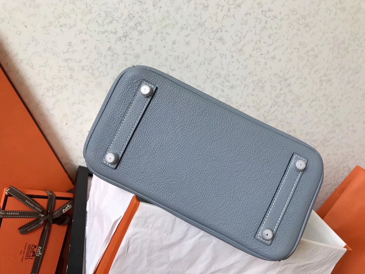 Hermes Birkin 25 Handmade Bag In Blue Lin Clemence Leather - Image 7