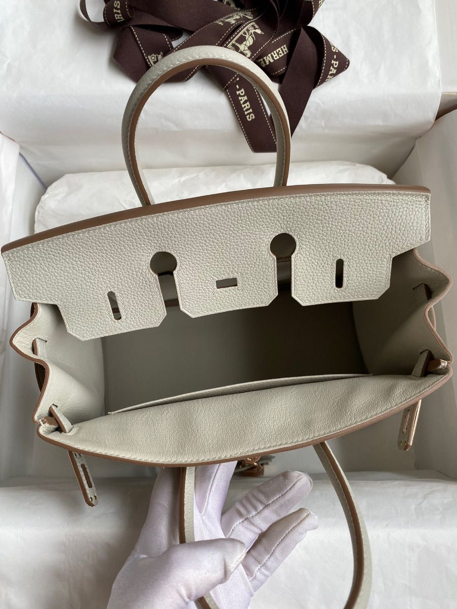 Hermes Birkin 25 Retourne Handmade Bag In Pearl Grey Clemence Leather - Image 8