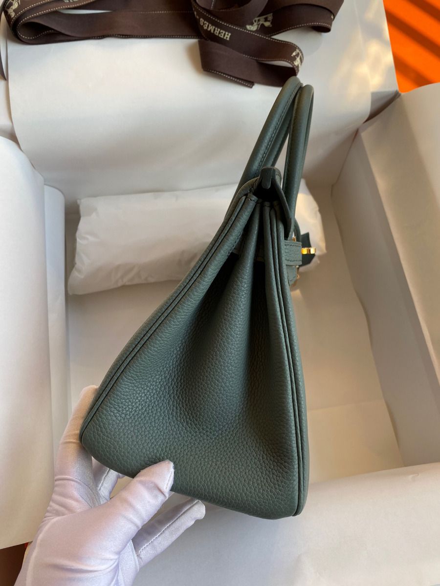 Hermes Birkin 25 Retourne Handmade Bag In Vert Amande Clemence Leather - Image 6