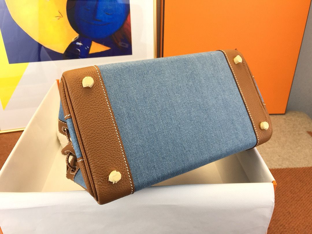 Hermes Birkin 25 Handmade Bag in Denim & Gold Clemence Leather - Image 10