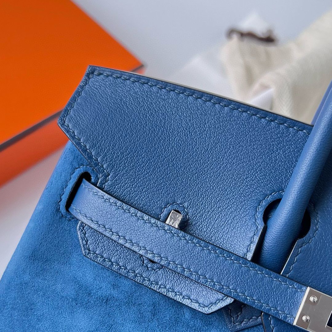 Hermes Birkin 25 Grizzly Bag in Blue Veau Doblis and Swift Leather - Image 4