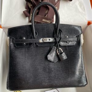 Hermes Birkin 25 Retourne Handmade Bag in Black Lizard Leather